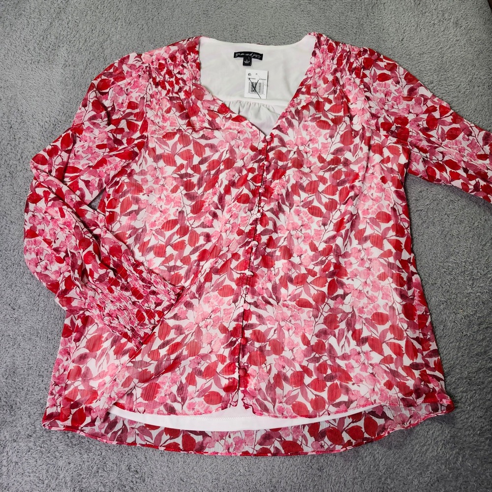 Sam and Jess Womens Large Blouse Red Pink Floral V-Neck Button Front Smocked